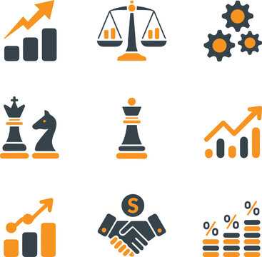 Business strategy and financial growth icon set with chess pieces, law scales, bar charts, and handshake.