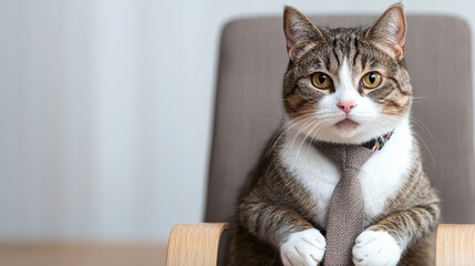 Fototapeta premium Cat office chair necktie tabby pet business humor portrait, domestic feline sitting at desk, wearing tie, looking serious in workplace interior