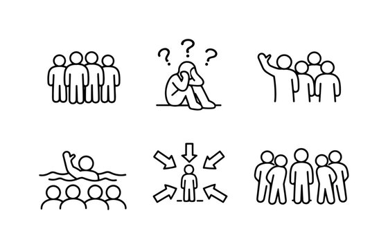 Line style vector icons of inaction in presence of crowd: people-group icon, person-in-distress outline, question-mark motif,