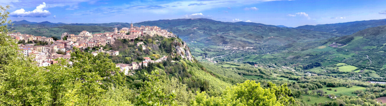 panoramic view on old little village Castropignano in Abruzio italy perched on a hill in massif of the apennines in the region of molise