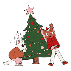 Naklejka premium Christmas tree animal characters