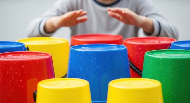 Happy child playing drums with bright colorful plastic buckets. Child playing game creates rhythmic music, using various primary colored containers for engaging activity.