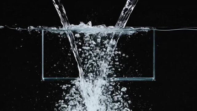 Clear liquid streams pour into a transparent rectangular frame submerged in water