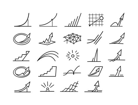 Line style icons of near-vertical tech growth: exponential curve arc, inflection point dot, steep rise stripe, acceleration node