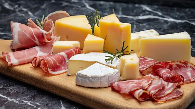 Charcuterie Board with Assorted Meats and Cheeses on Wooden Board, Gourmet Food Still Life, Close-Up View.