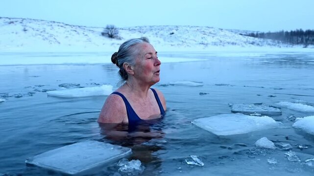 Woman in icy waters surrounded by ice chunks