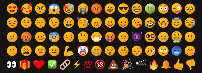 Colorful 3D emoji collection with various facial expressions and symbols. Social media reaction icons including smile, laugh, cry, heart, fire and thumbs up. Perfect for messaging, apps and UI design. © katyaskrn