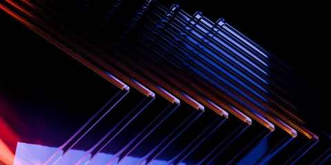 Cyber elements made of transparent glass and liquid acrylic purple blue glow on black backdrop cinematic tech background design cover art visuals 3d rendering © IM_VISUALS