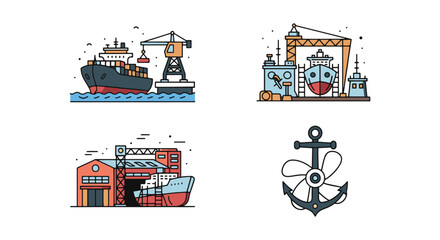 Fototapeta premium Shipyard Line art vector set modern abstract style illustration