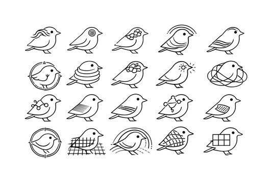 Line style icons of magnetically guided birds: geomagnetic cue line, retinal spin node, quantum reaction patch, flux-detection