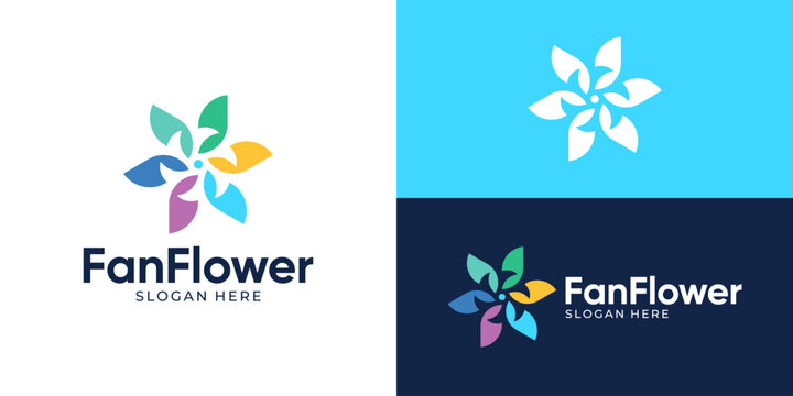 Creative simple fan flower logo template. Abstract propeller with flower for air freshener logo design vector illustration.