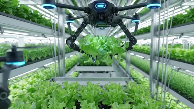 Automated drones tend to rows of green plants in a modern vertical farm