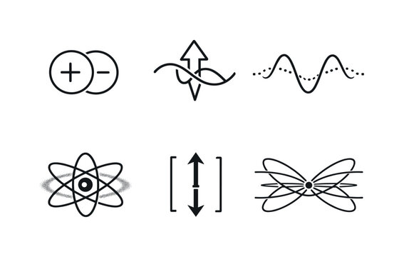 Line style vector icons of superposed quantum particle: particle-outline motif, dual-state icon, probability-wave outline,