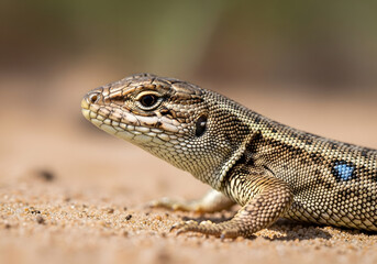 Macro shot of a side-blotched lizard's head with detailed scales and a distinctive blue spot, isolated on transparent background, capturing its delicate features.