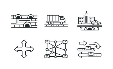 Obraz premium Line style vector icons of underground urban logistics: tunnel-network outline, freight-vehicle motif, city-street icon,