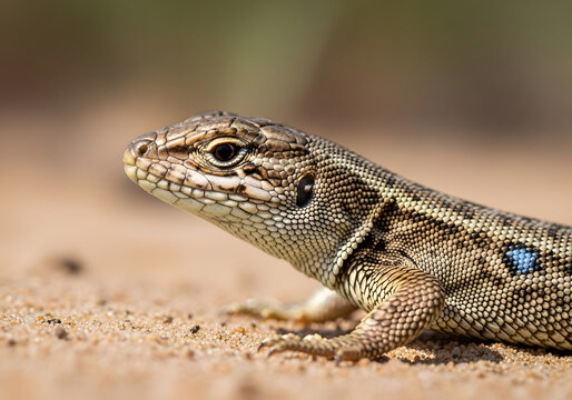 Macro shot of a side-blotched lizard's head with detailed scales and a distinctive blue spot, isolated on transparent background, capturing its delicate features.