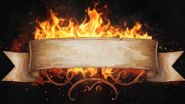 A rustic parchment banner with ornate metalwork is engulfed in vibrant flames and embers