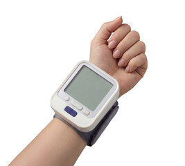 Close-up of a digital wrist blood pressure monitor on a hand, isolated on a white background. Modern electronic healthcare device for checking blood pressure at home. Blank screen with copy space
