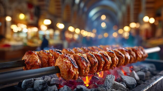 Sizzling Adana kebab skewers charcoal grill background of traditional Turkish bazaar lights and arches moody vibrant atmosphere