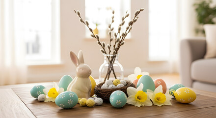 A festive Easter display with colorful eggs and a bunny on a wooden table in a bright room