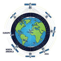 Global satellite network orbiting Earth with worldwide coverage © Dilnuwan