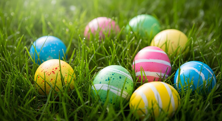 A group of colorful Easter eggs sitting in a lush green grassy field on a sunny day
