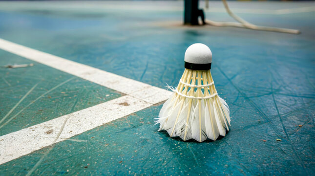 Badminton shuttlecock on outdoor court line, close up