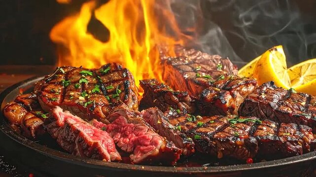 Juicy grilled steaks with lemon slices served on a platter with flames in the background