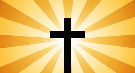 Black cross silhouette with radiant golden light rays on transparent background