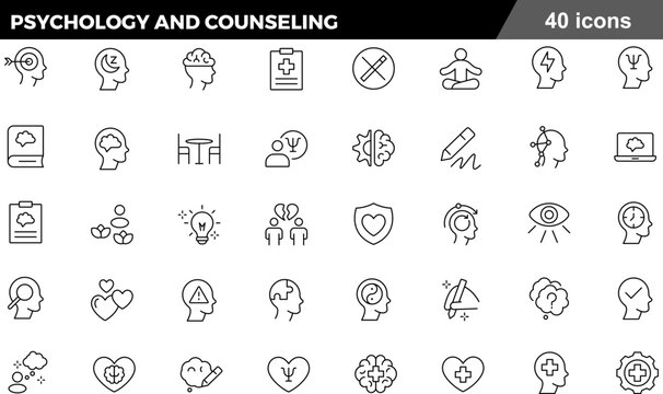 Psychology and Counseling Thin Line Icons Set Mental Health, Cognitive Therapy, Emotional Support, Mindfulness and Behavioral Science Symbols for Wellness