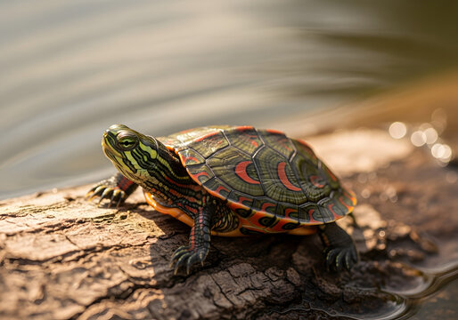 Extreme close-up of a vibrant painted turtle resting on a weathered log near water, isolated on transparent background, showcasing its colorful shell patterns and delicate features in soft sunlight.