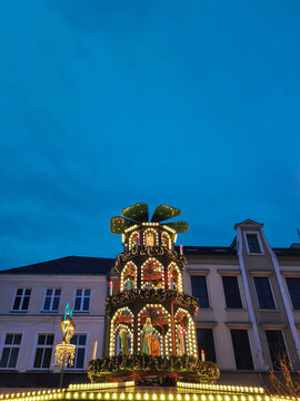 Traditional wooden pyramid on Christmas market in Gliwice, Poland
