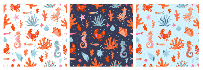 Hand draw ocean seamless pattern set in vector format. Naive art sea animals with coral, crab and seahorse in light and dark backgrounds. © Diana
