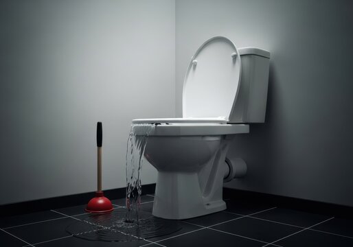 Clogged toilet with overflowing water and red plunger in a bathroom with tiled floor