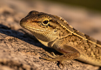Fototapeta premium Close-up macro portrait of a Cuban brown anole lizard, Anolis sagrei, with its intricate scales and watchful eye, resting calmly on a textured surface in natural sunlight, isolated on transparent back