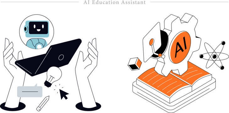 AI Education Assistant Flat Line Art Artificial Intelligence Learning Illustration Set