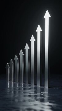 Cinematic slow motion animation of silver arrows dynamically rising from a reflective dark surface against a black background, symbolizing growth