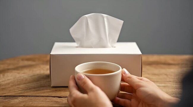 Hands holding a warm mug next to a tissue box on a wooden table.