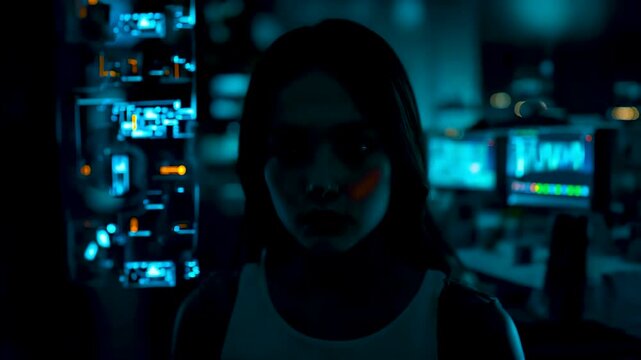 Young Woman With Dark Hair And White Top Looking At Camera In Dark Room With Blue Glowing Computer Screens