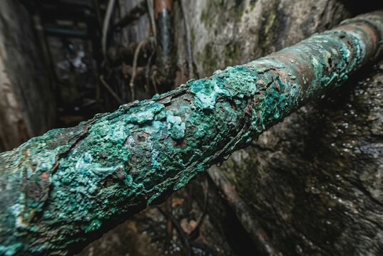 Extreme macro close up of severely corroded copper pipe covered in thick toxic verdigris rust