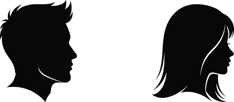 Black and white male and female head profile silhouettes with stylish hair for barbershop, salon, or cad drawing flat vector illustration designs.
