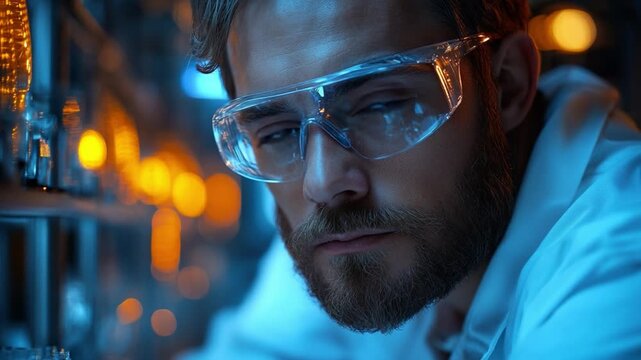 Scientific Precision: A focused scientist, shielded by safety glasses, meticulously examines a device within a high-tech laboratory setting, illuminated by the glow of innovation.