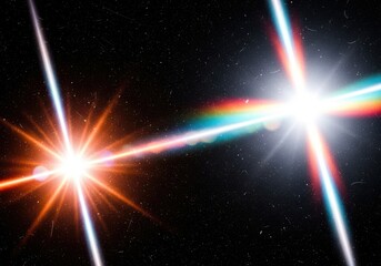 Two exploding stars in outer space with intense light and radiation beams