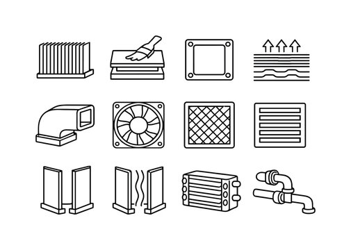 Line style vector icons of server cooling core: heat sink fins, thermal paste layer, copper base plate, airflow channel, cooling