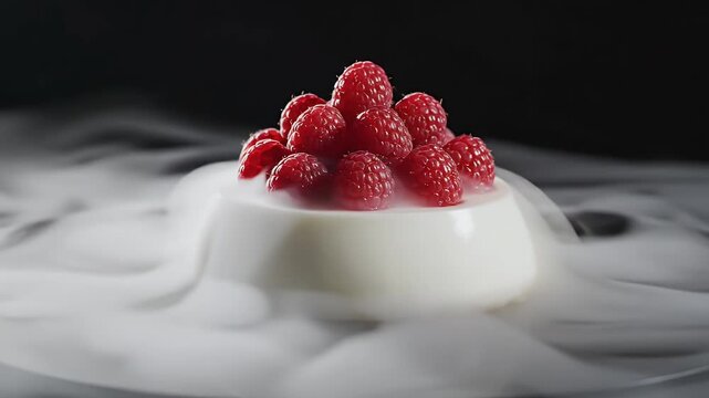 Creamy Panna Cotta Dessert Topped With Fresh Red Raspberries And Swirling White Smoke