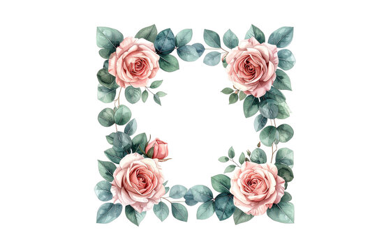 Elegant botanical frame with blush roses and eucalyptus leaves, soft watercolor style on transparent background,