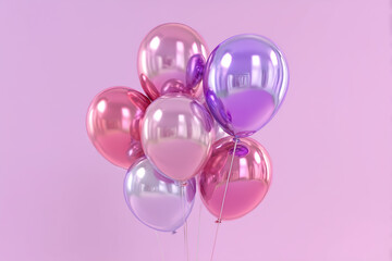 A delightful cluster of multiple shiny metallic balloons in various shades of pink, purple, and blue floats cheerfully against a pastel pink background.