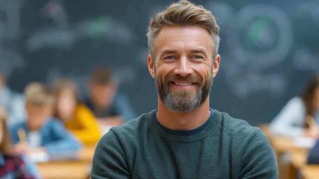 A Teacher's Presence in the Classroom: A friendly teacher smiling, embodying dedication, with a gentle smile that illuminates the atmosphere. His presence cultivates an enriching experience.