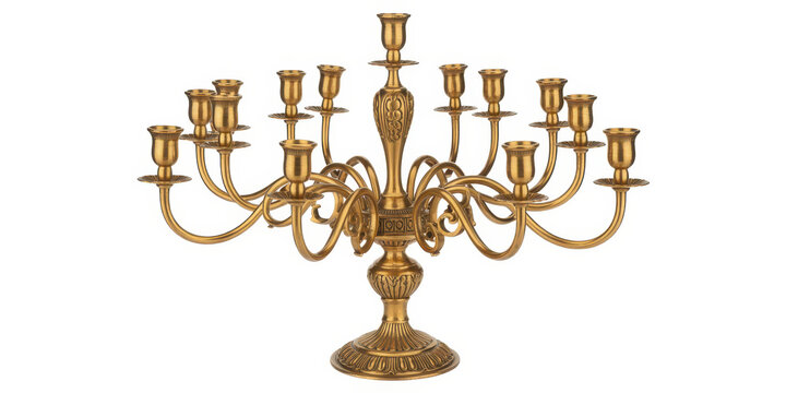 Gold 12-light candelabra with ornate on white background