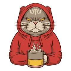 Cat in a red hoodie holding a cup of coffee © Vexels